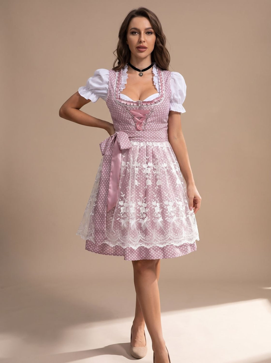 Damen Oktoberfest Dirndl-Kostüm Spitzenrock mit Schnürung und Schürze - 753870 Rosa