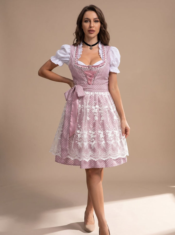 Damen Oktoberfest Dirndl-Kostüm Spitzenrock mit Schnürung und Schürze - 753870 Rosa