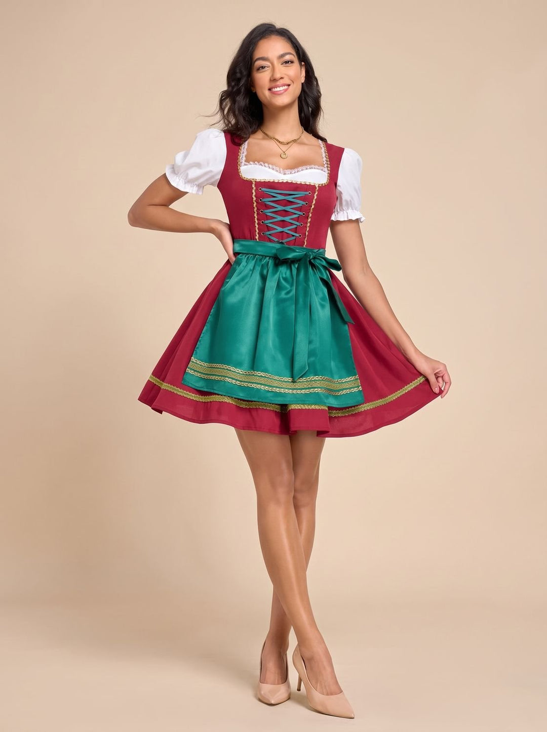 Damen Oktoberfest Dirndl Minikleid mit Schnürung und Schürze - Rot