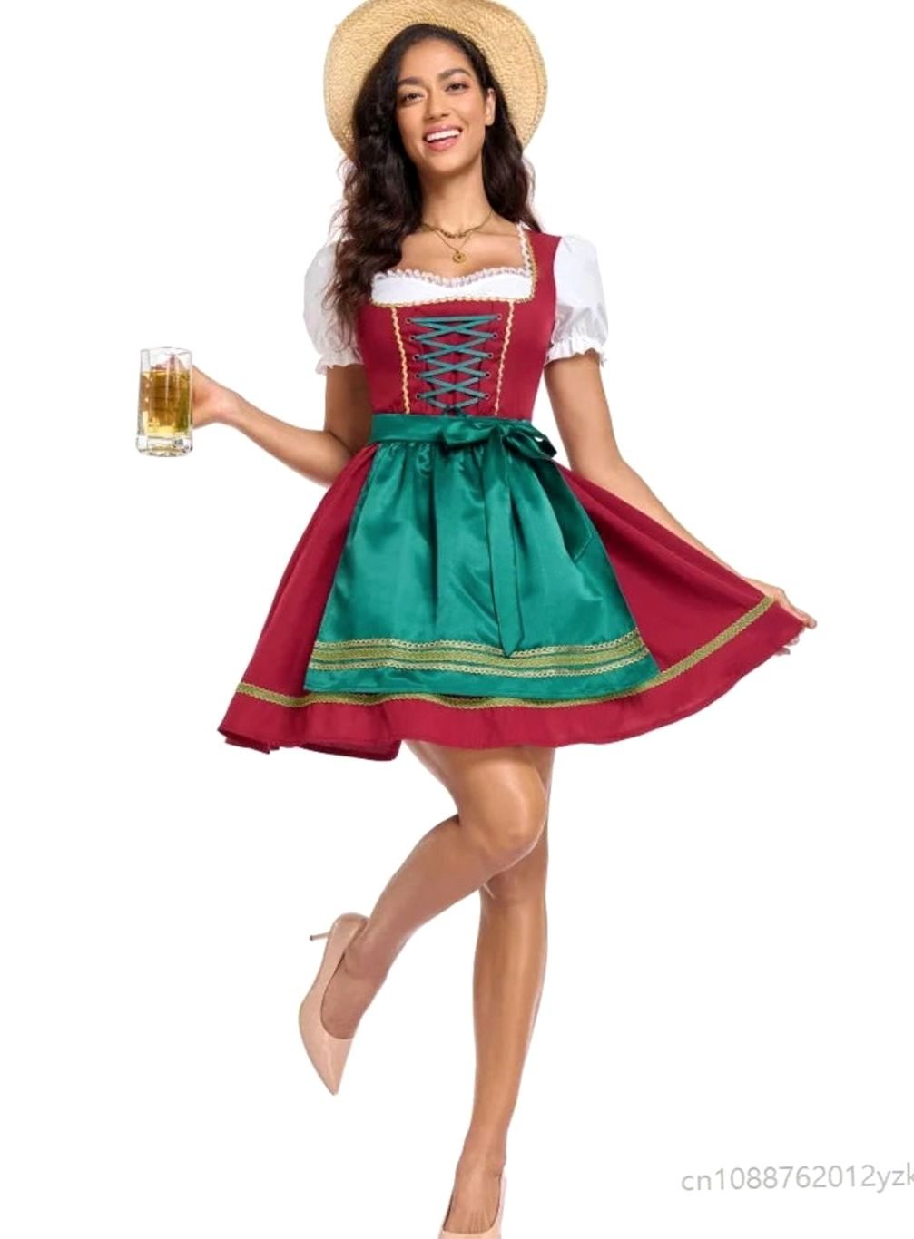 Damen Oktoberfest Dirndl Minikleid mit Schnürung und Schürze