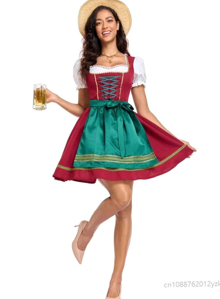 Damen Oktoberfest Dirndl Minikleid mit Schnürung und Schürze