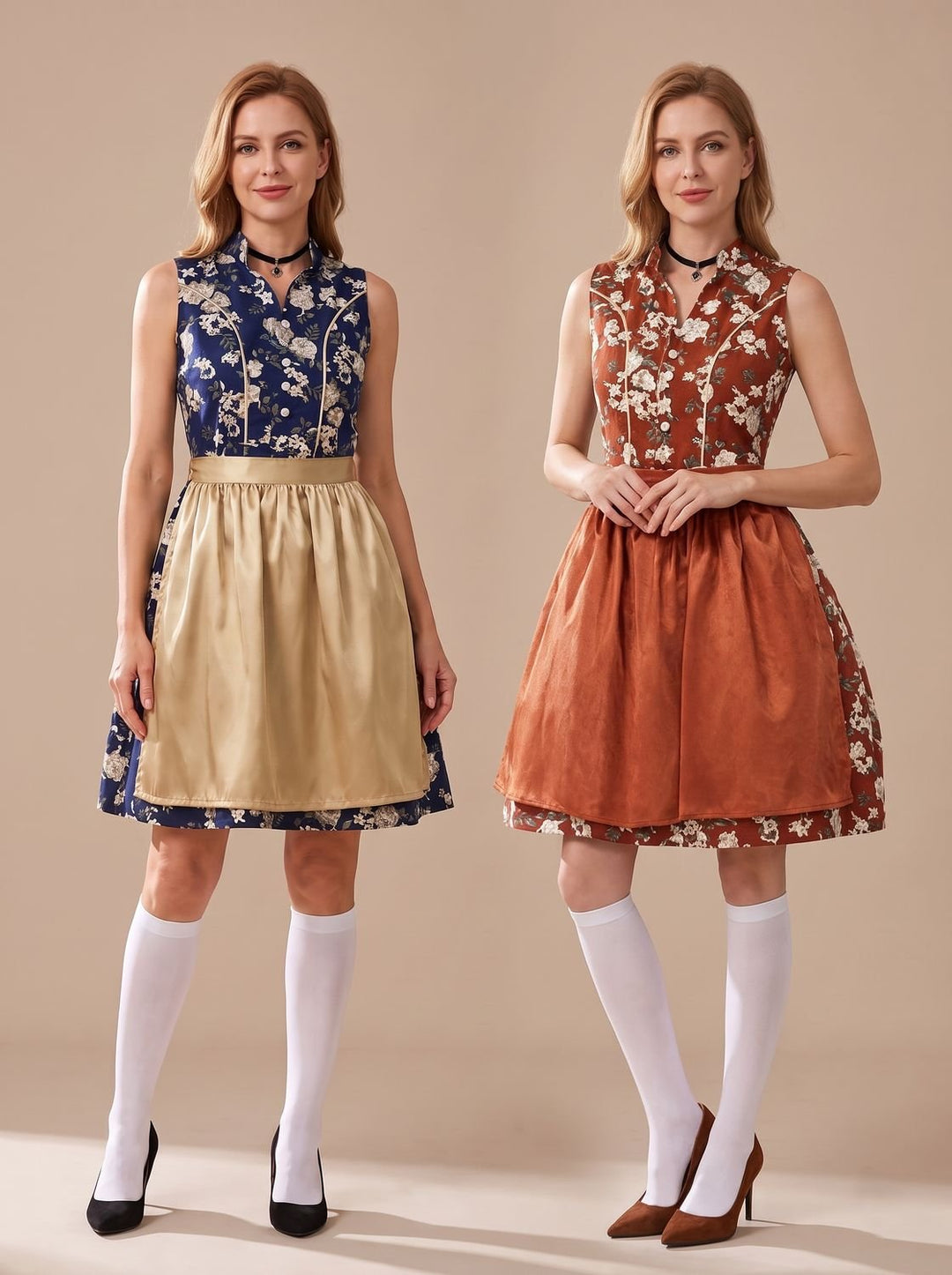 Damen Oktoberfest Dirndl Minikleid Ärmellos Blumenmuster mit Schürze