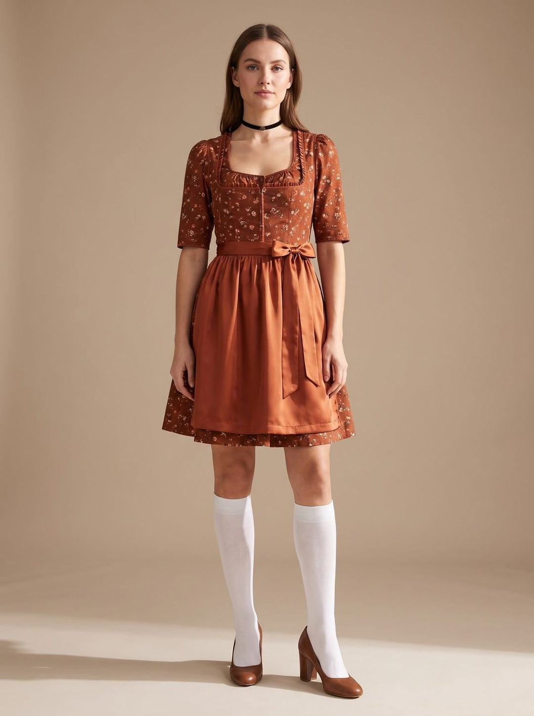 Damen Oktoberfest Dirndl Minikleid Ärmellos Blumenmuster mit Schürze - Blau Gold