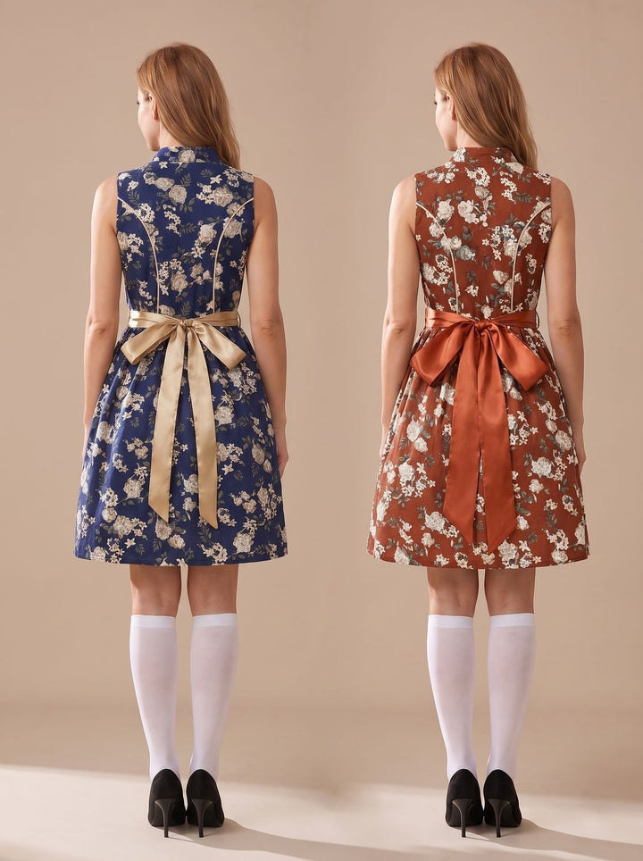 Damen Oktoberfest Dirndl Minikleid Ärmellos Blumenmuster mit Schürze