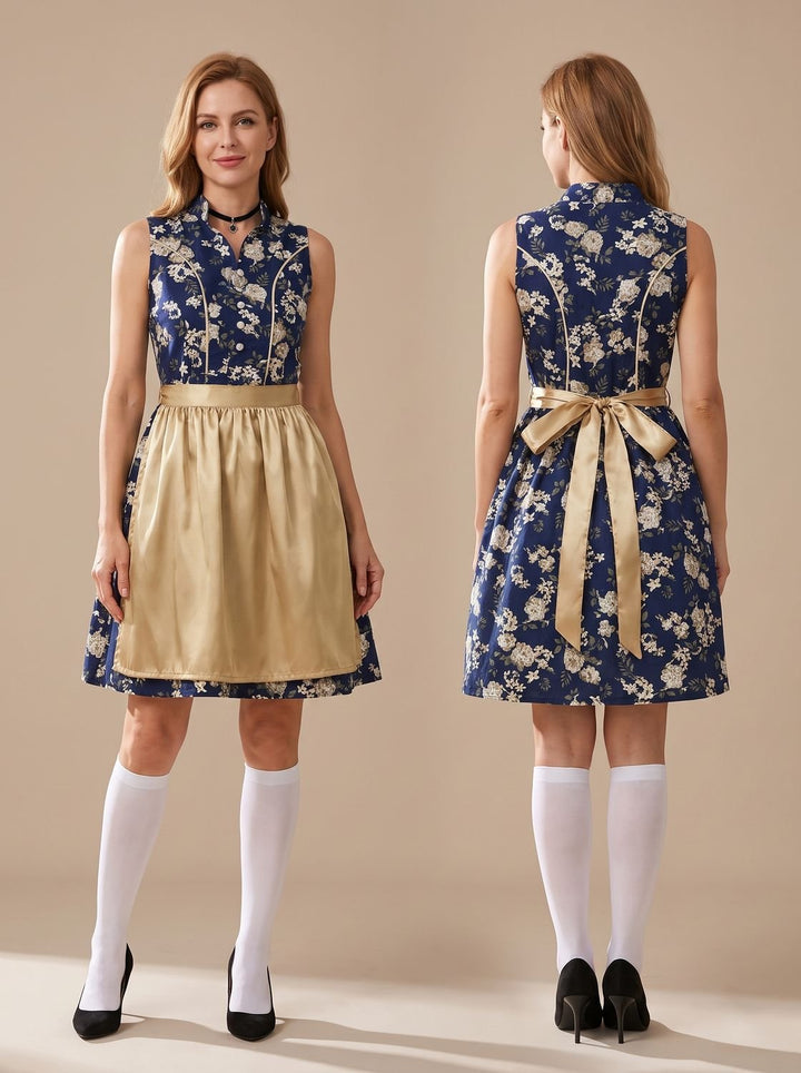Damen Oktoberfest Dirndl Minikleid Ärmellos Blumenmuster mit Schürze