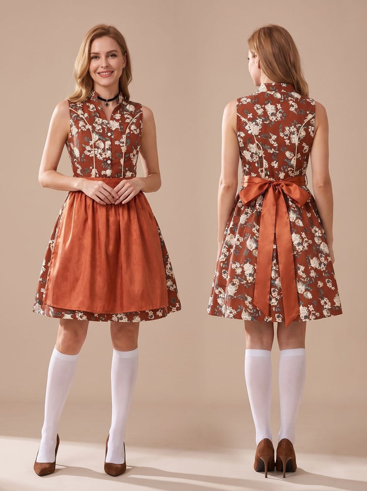 Damen Oktoberfest Dirndl Minikleid Ärmellos Blumenmuster mit Schürze