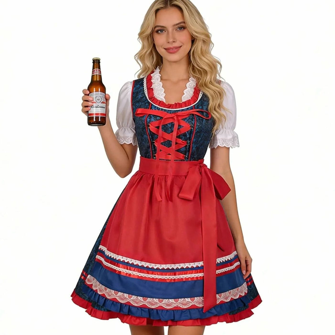 Damen Oktoberfest Dirndl Set mit Spitzenbluse Schürze und Kreuzschnürung