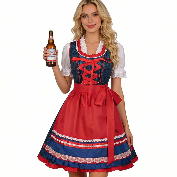 Damen Oktoberfest Dirndl Set mit Spitzenbluse Schürze und Kreuzschnürung