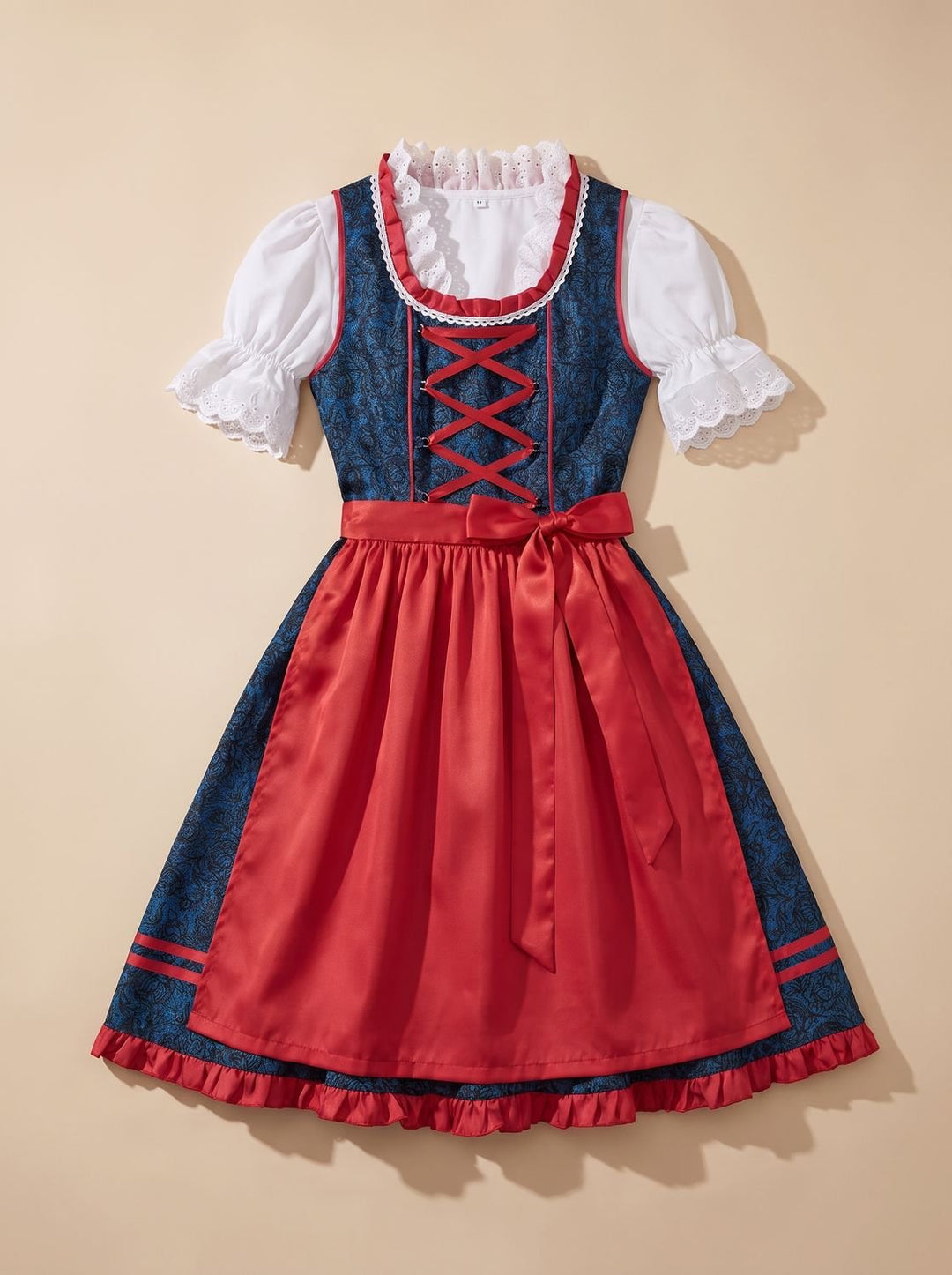 Damen Oktoberfest Dirndl Set mit Spitzenbluse Schürze und Kreuzschnürung