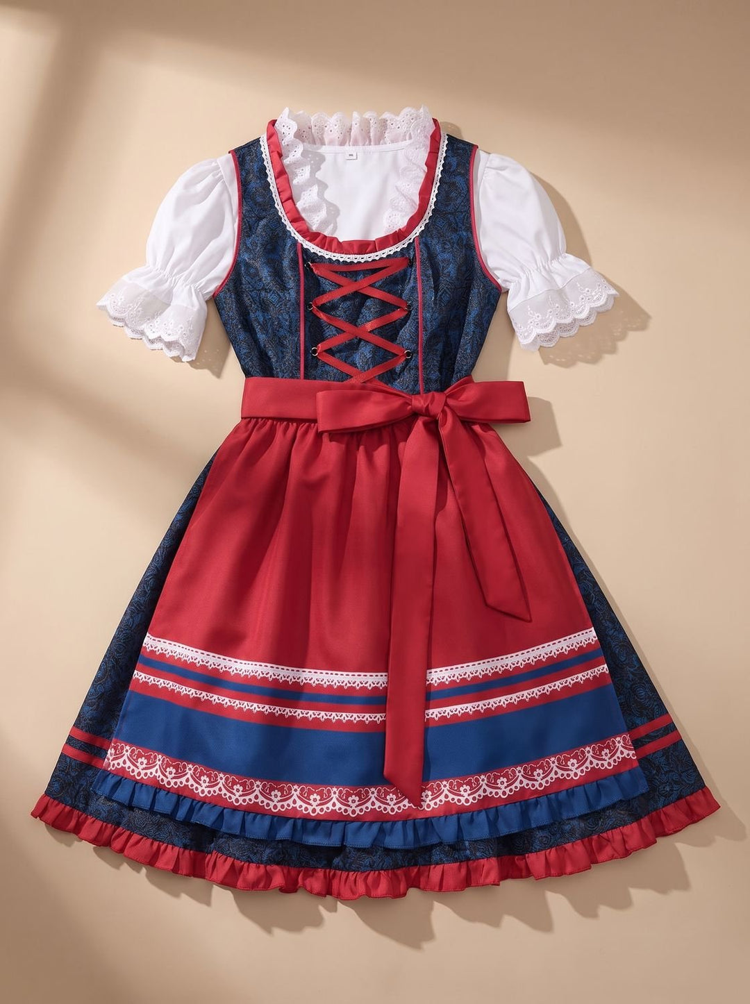 Damen Oktoberfest Dirndl Set mit Spitzenbluse Schürze und Kreuzschnürung - Blau Rot