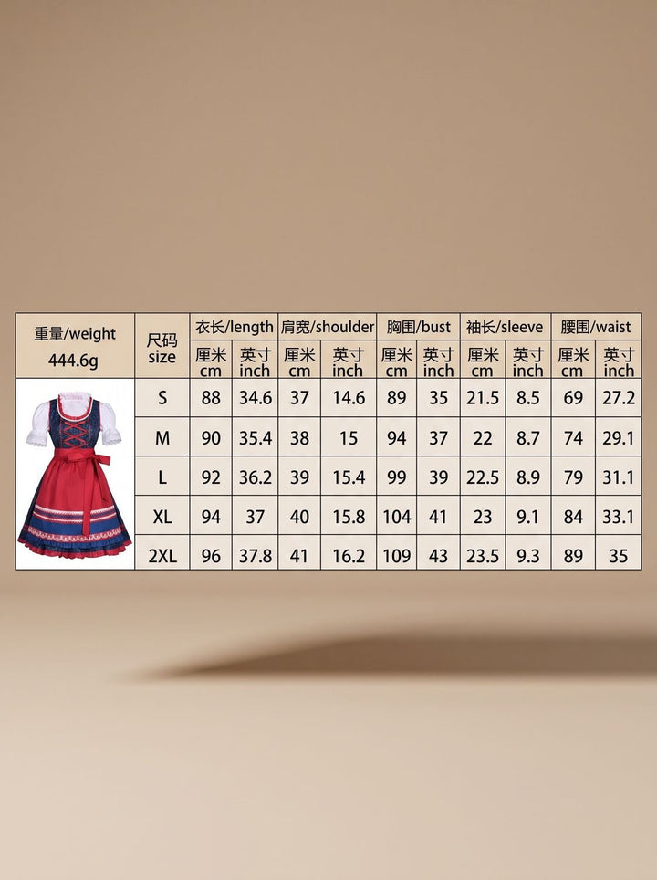 Damen Oktoberfest Dirndl Set mit Spitzenbluse Schürze und Kreuzschnürung