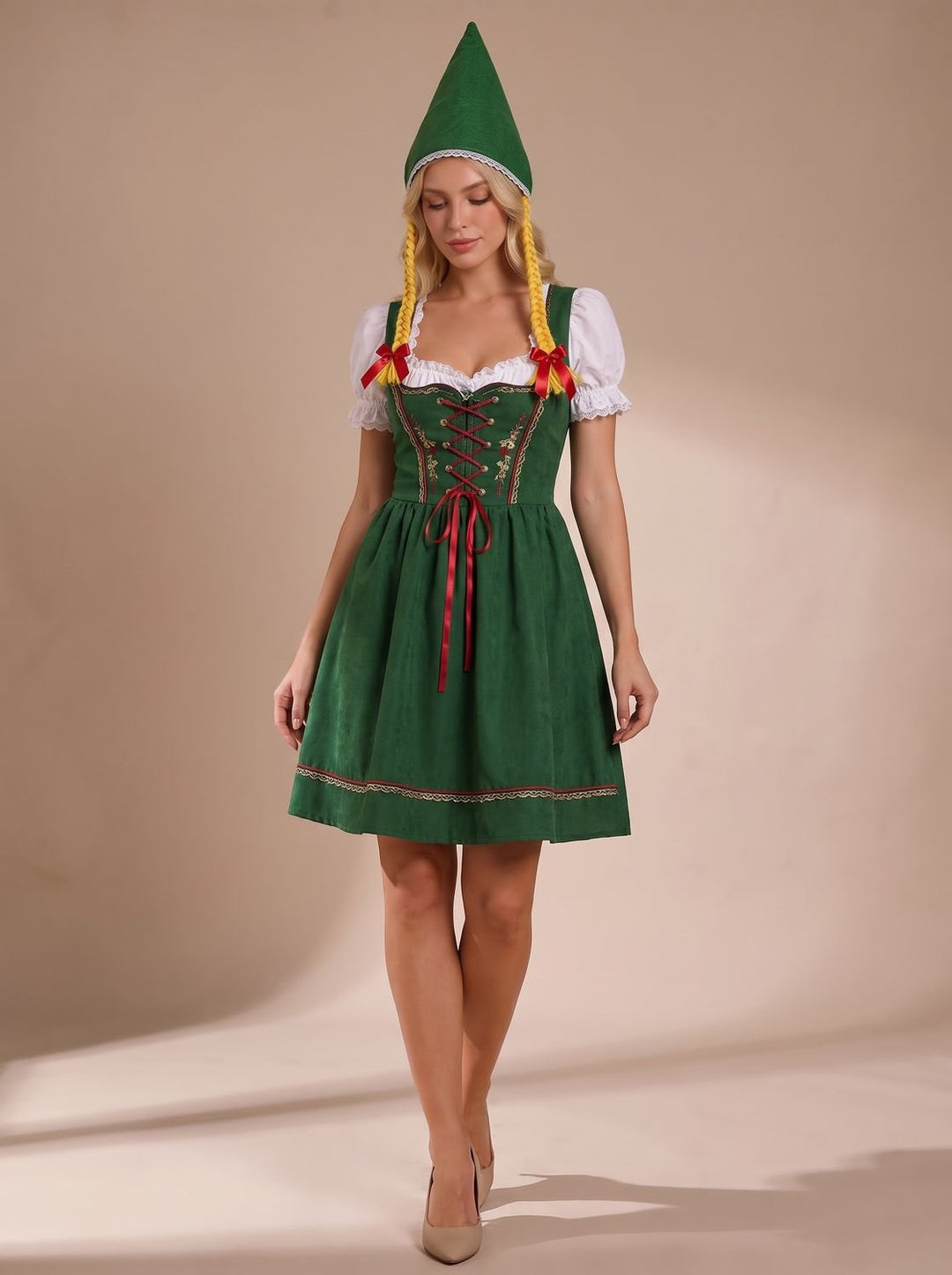Damen Oktoberfest Dirndl Set mit Spitzenbluse Schürze und Kreuzschnürung - Weiß Rot