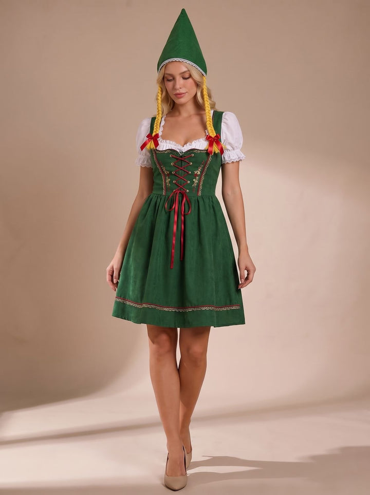 Damen Oktoberfest Dirndl Set mit Spitzenbluse Schürze und Kreuzschnürung - Weiß Rot