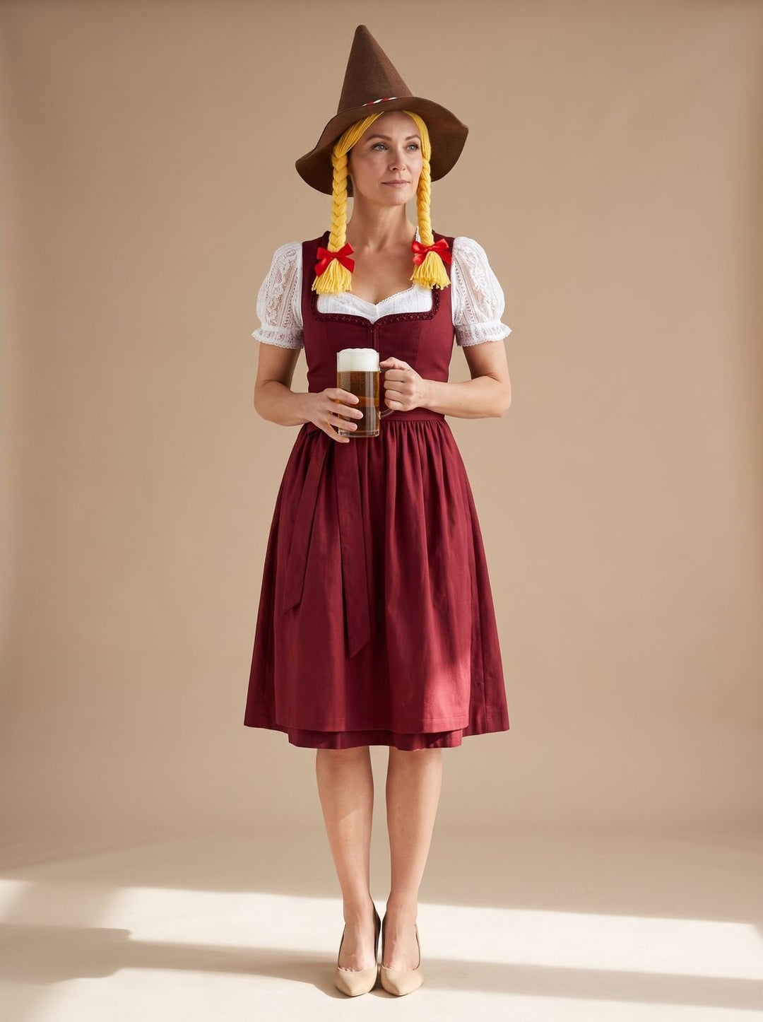 Damen Oktoberfest Dirndl Set mit Spitzenbluse Schürze und Kreuzschnürung - Braun
