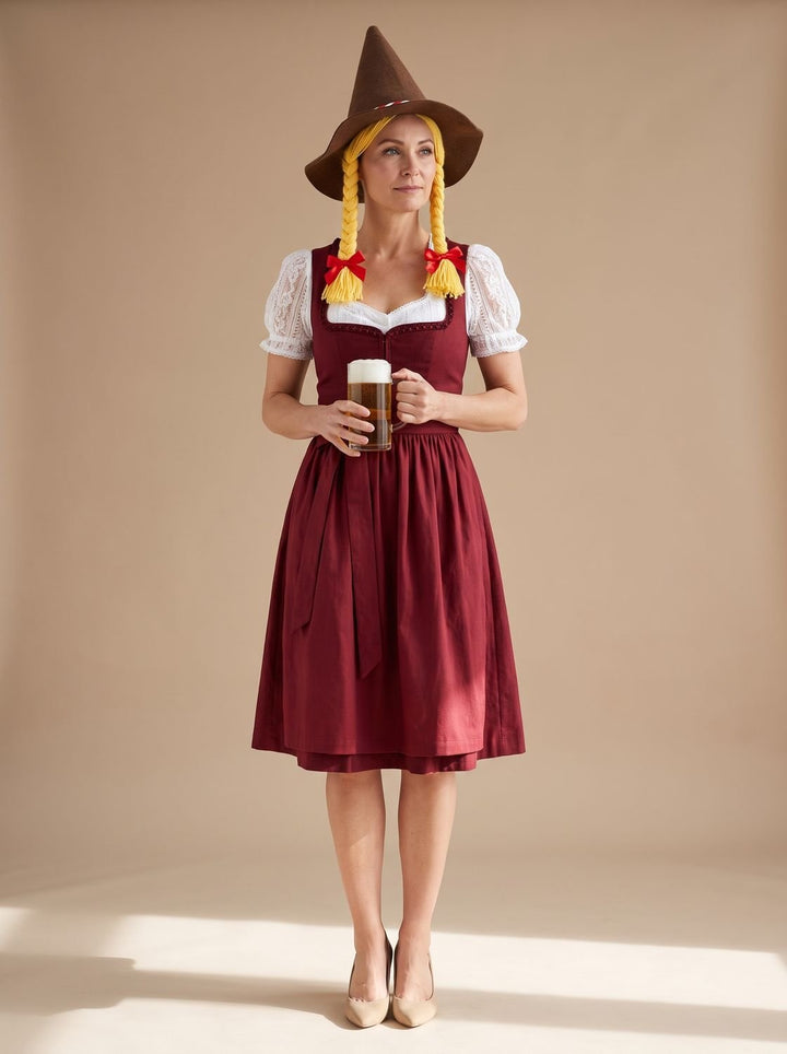 Damen Oktoberfest Dirndl Set mit Spitzenbluse Schürze und Kreuzschnürung - Braun