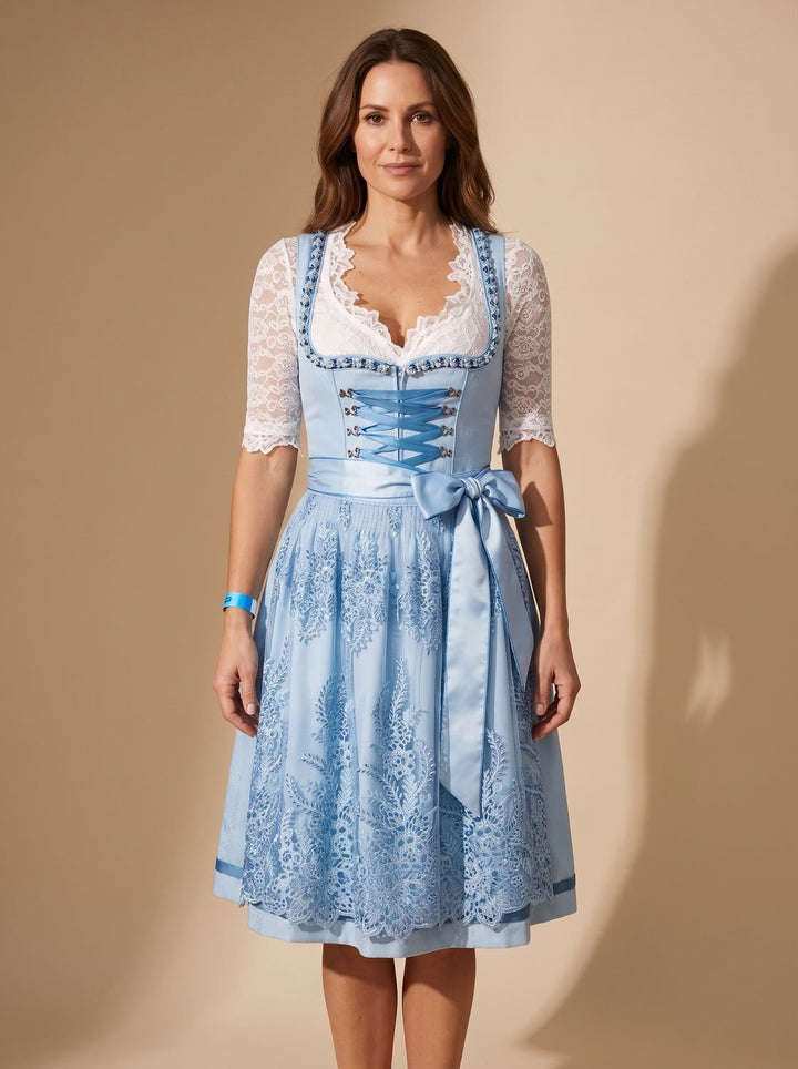 Damen Oktoberfest Dirndl Spitzenbluse Schnürung Midi