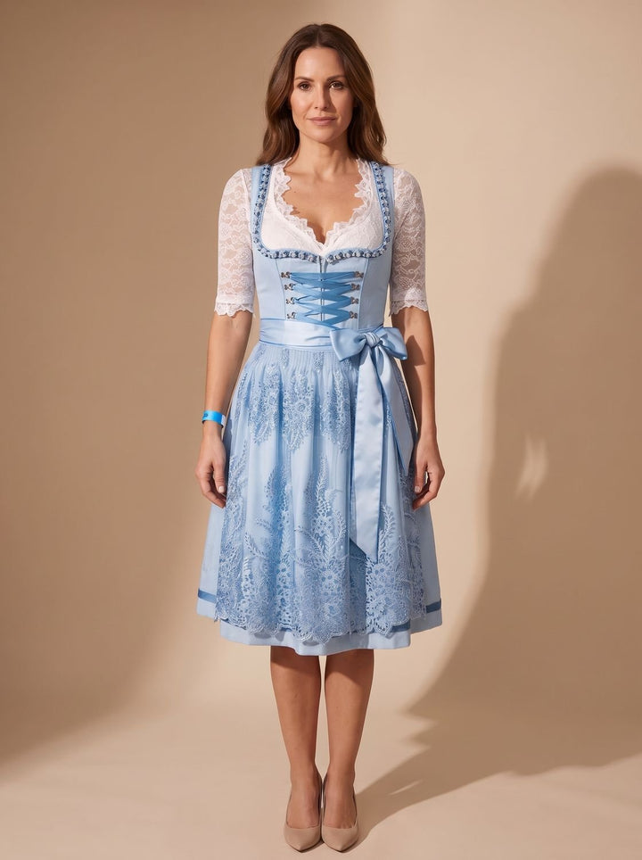 Damen Oktoberfest Dirndl Spitzenbluse Schnürung Midi