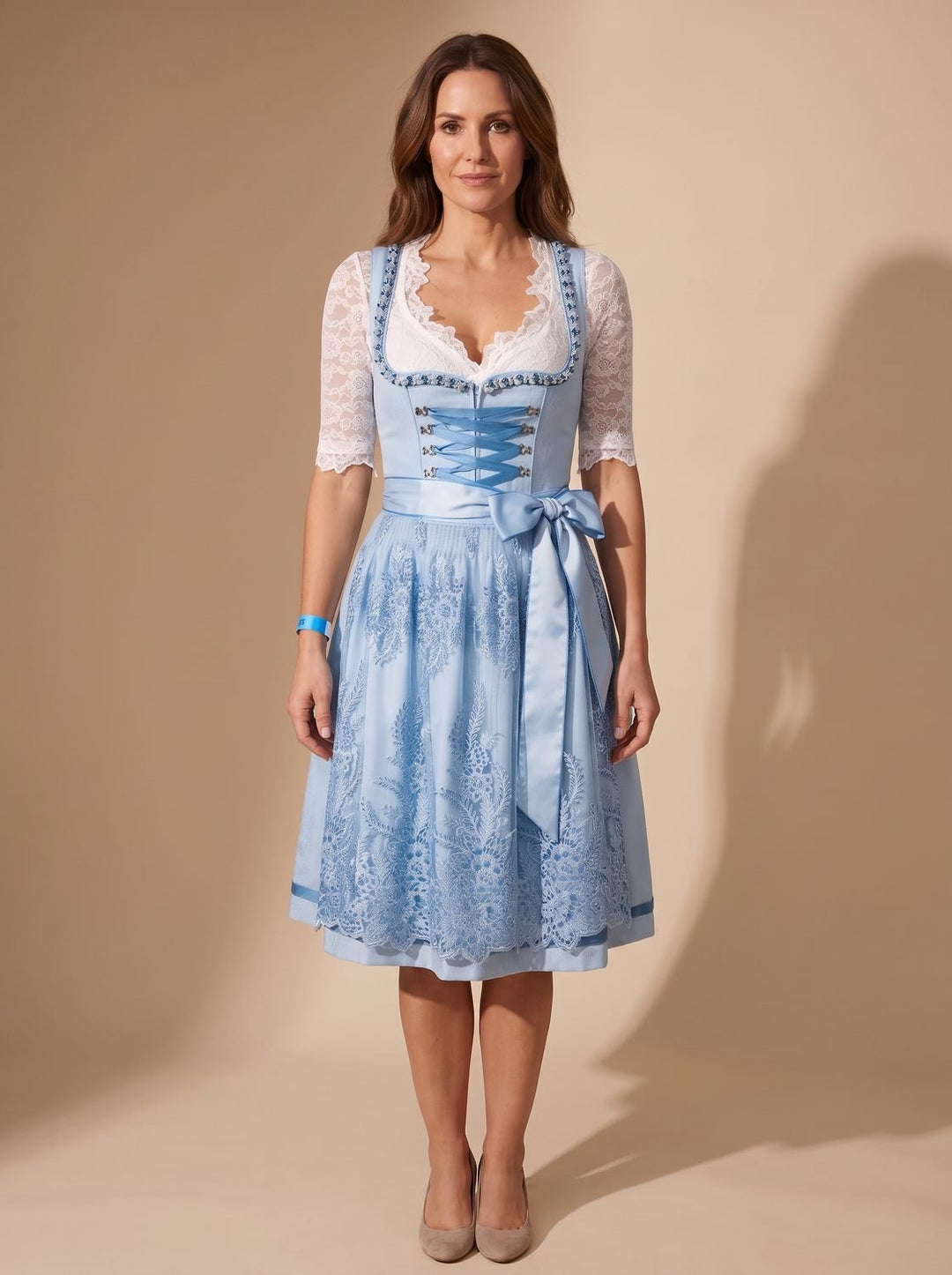 Damen Oktoberfest Dirndl Spitzenbluse Schnürung Midi - Hellgrün