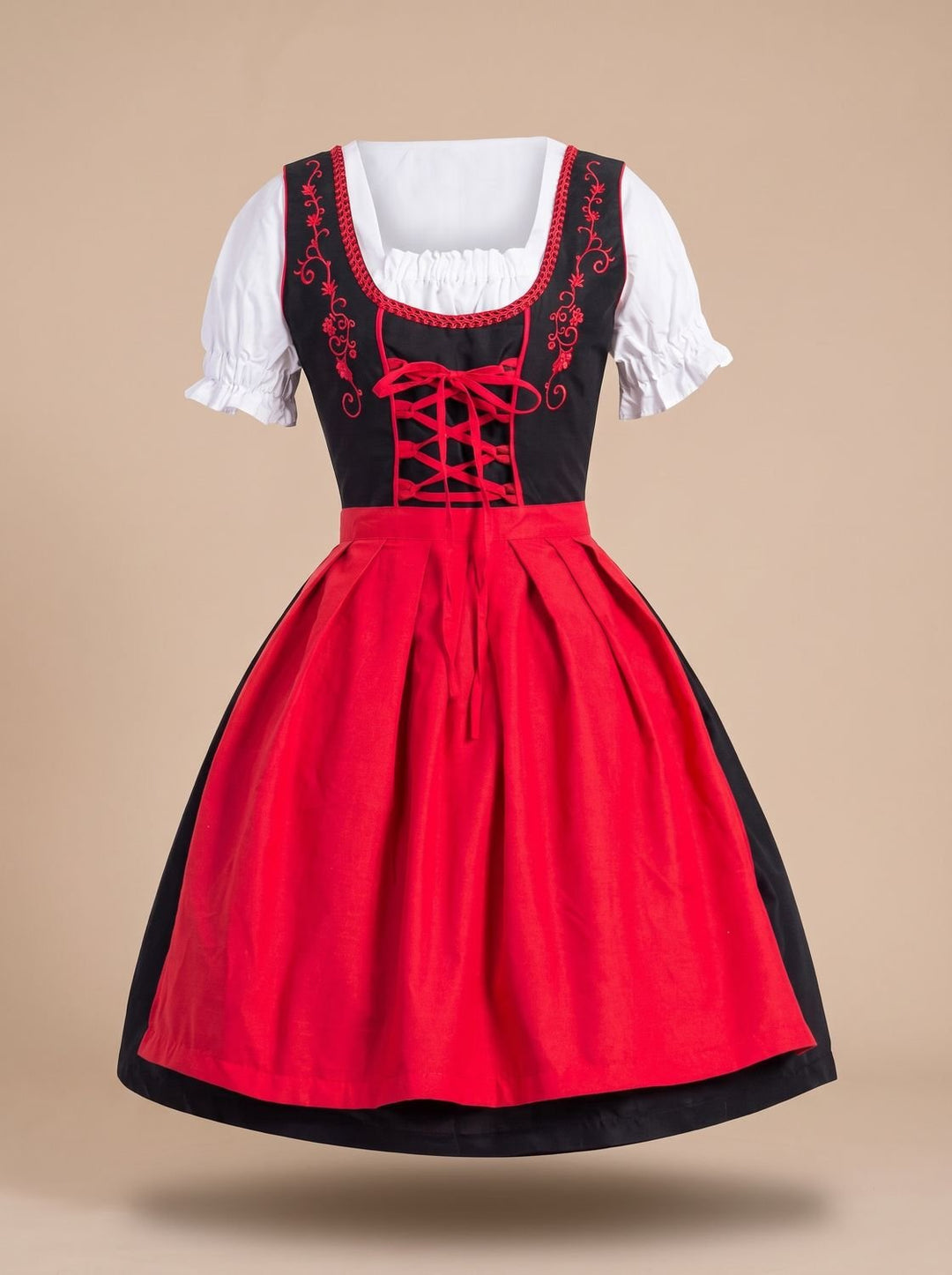 Damen Oktoberfest Kleid Dirndl mit Schnürung Stickerei Schürze - Rot