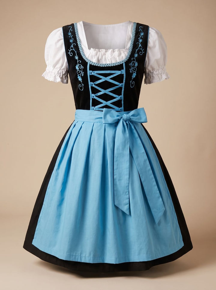 Damen Oktoberfest Kleid Dirndl mit Schnürung Stickerei Schürze - Blau