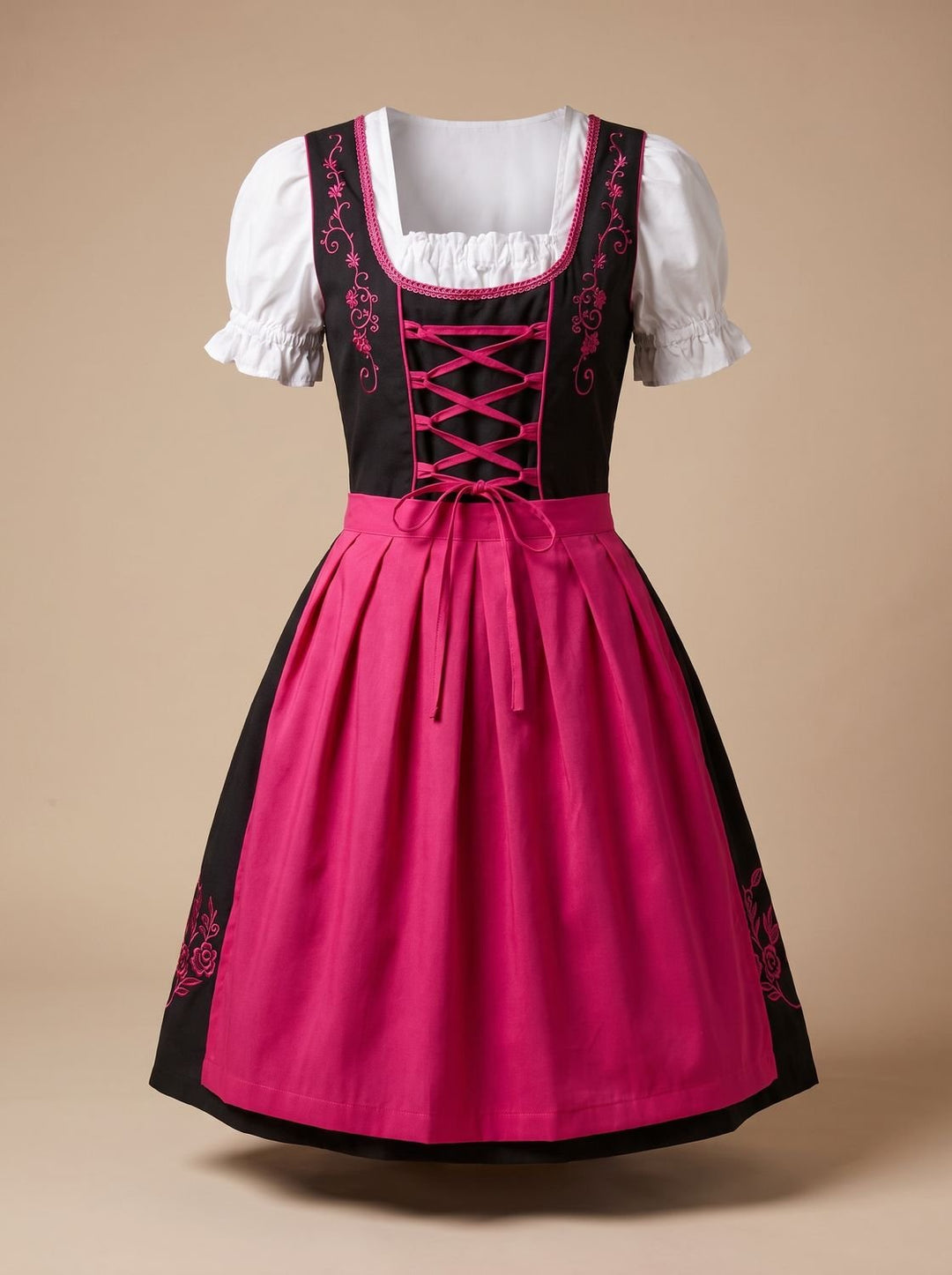 Damen Oktoberfest Kleid Dirndl mit Schnürung Stickerei Schürze - Rosa