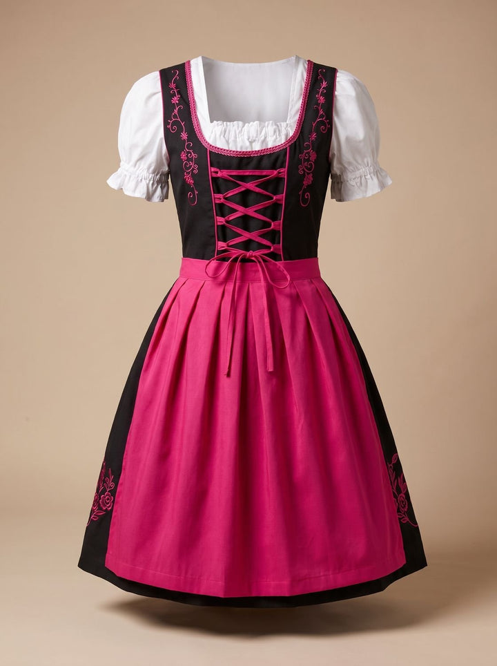 Damen Oktoberfest Kleid Dirndl mit Schnürung Stickerei Schürze - Rosa