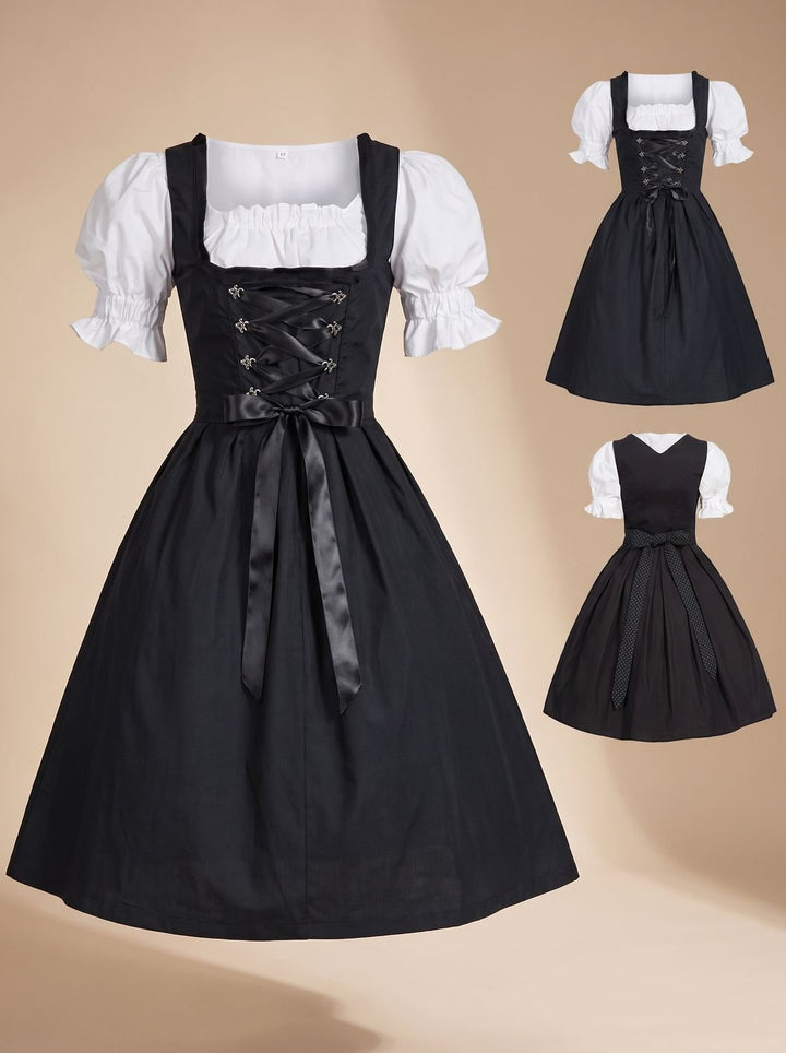 Damen Oktoberfest Kleid Dirndl mit Schnürung und Schürze