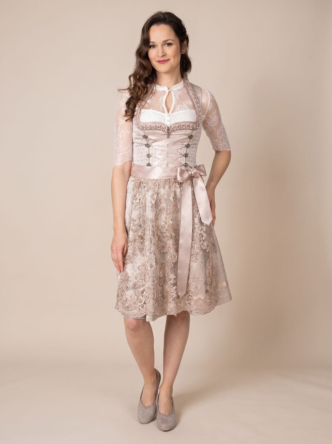 Damen Oktoberfest Kleid elegantes Spitzen-Dirndl mit Schürze