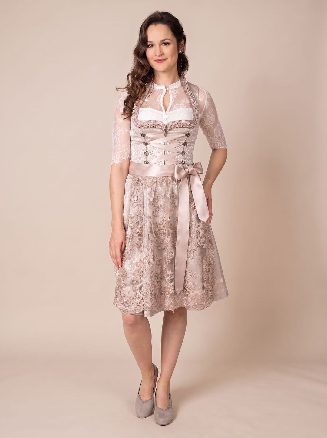 Damen Oktoberfest Kleid elegantes Spitzen-Dirndl mit Schürze