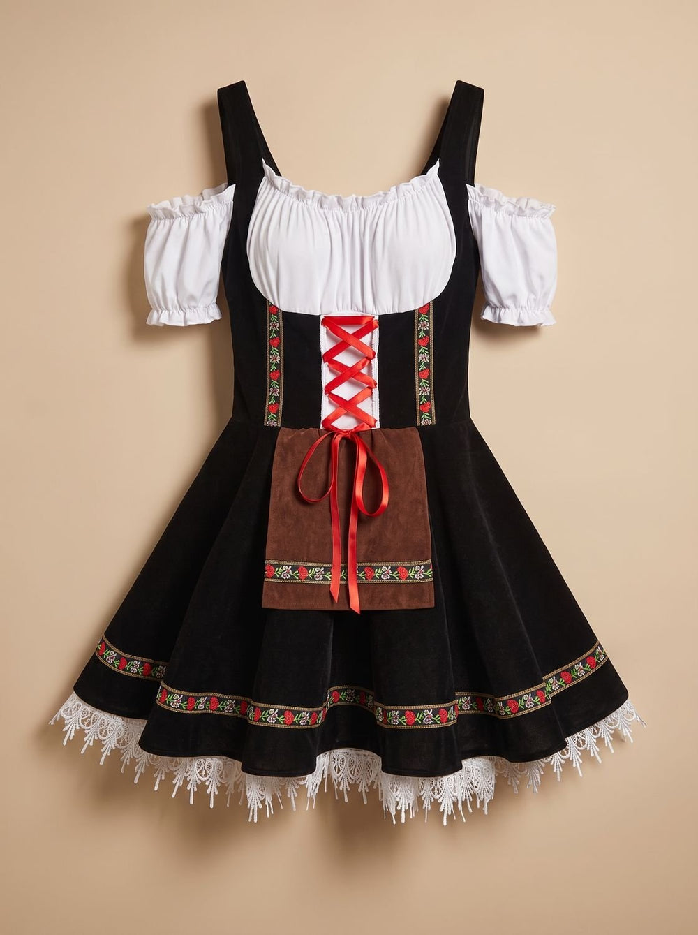 Damen Oktoberfest Kleid Trachtenkleid mit Schürze Cold-Shoulder