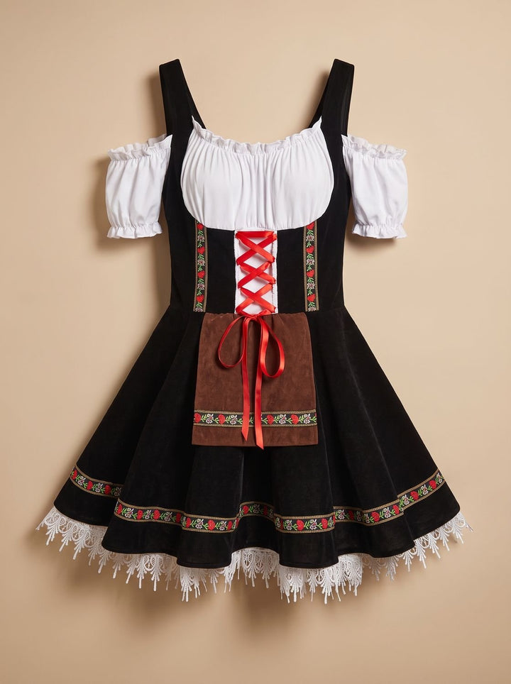 Damen Oktoberfest Kleid Trachtenkleid mit Schürze Cold-Shoulder