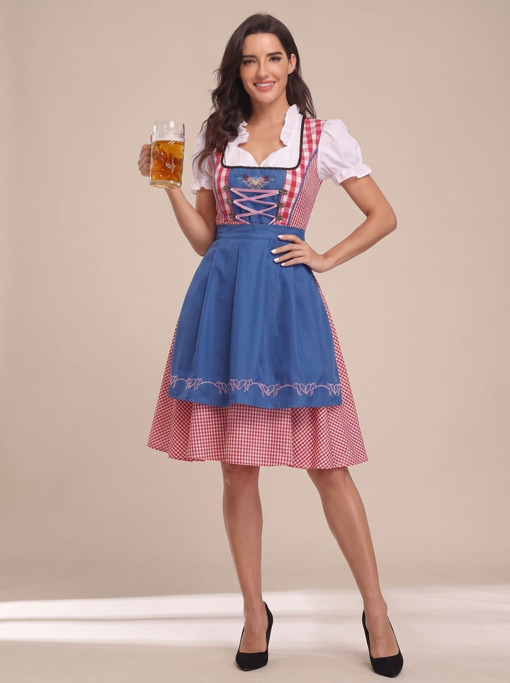 Damen Oktoberfest Kleid Trachtenkleid mit Schürze Cold-Shoulder - Blau (Variante)