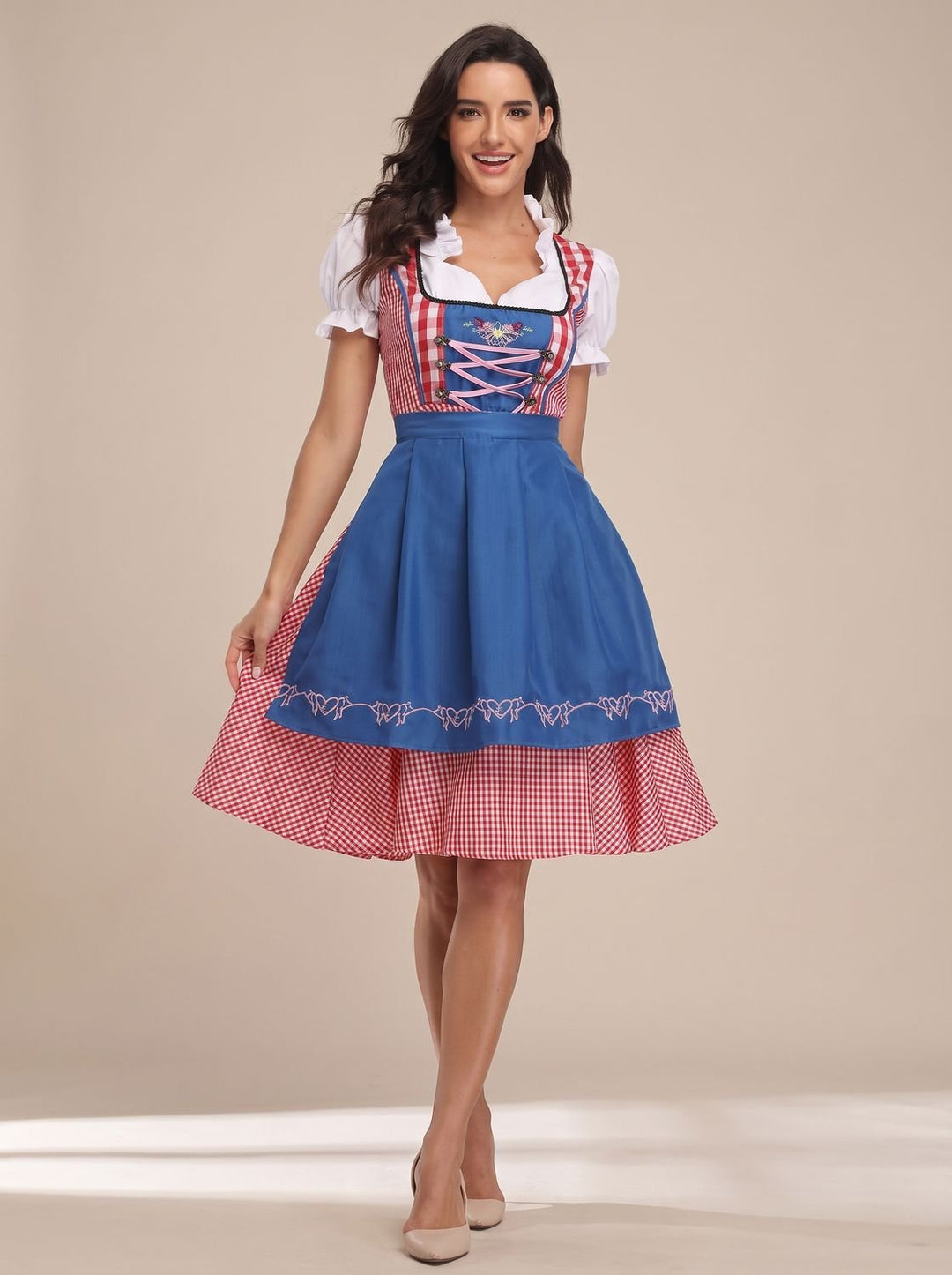 Damen Oktoberfest Kleid Trachtenkleid mit Schürze Cold-Shoulder - Hellblau
