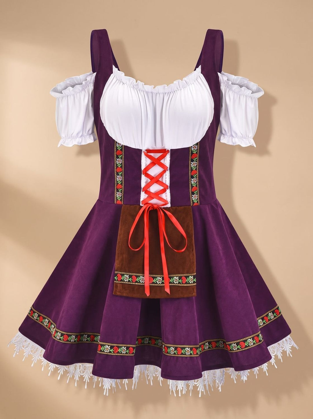 Damen Oktoberfest Kleid Trachtenkleid mit Schürze Cold-Shoulder - Lila