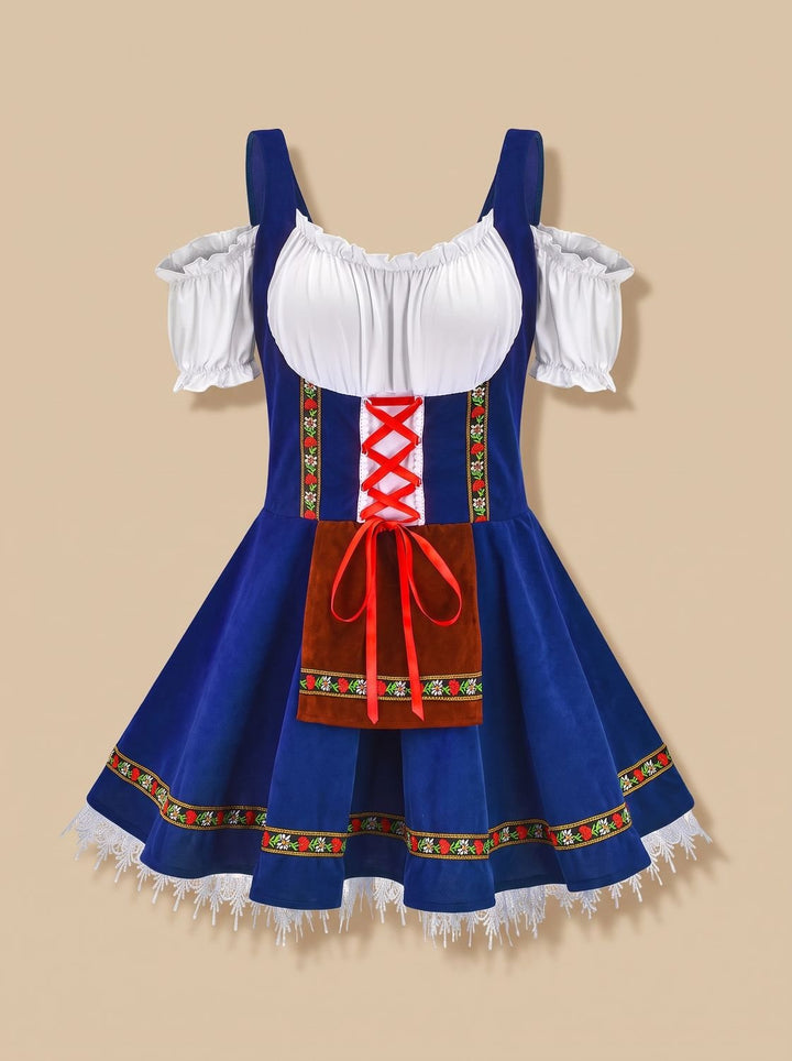 Damen Oktoberfest Kleid Trachtenkleid mit Schürze Cold-Shoulder - Blau