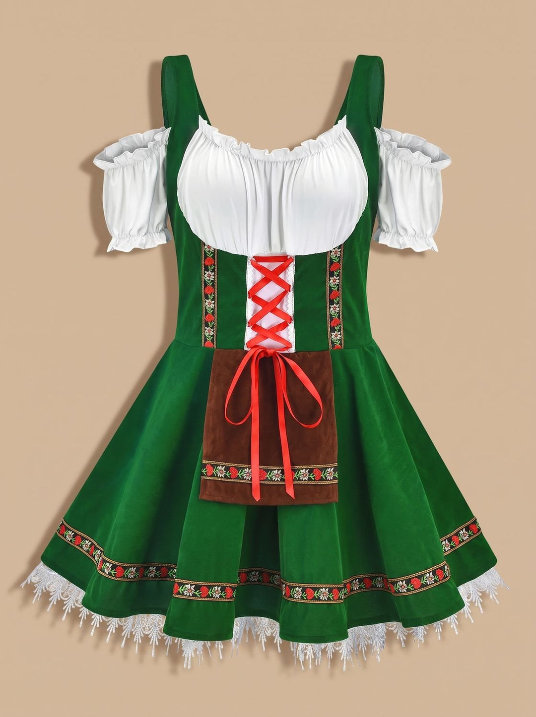 Damen Oktoberfest Kleid Trachtenkleid mit Schürze Cold-Shoulder - Grün