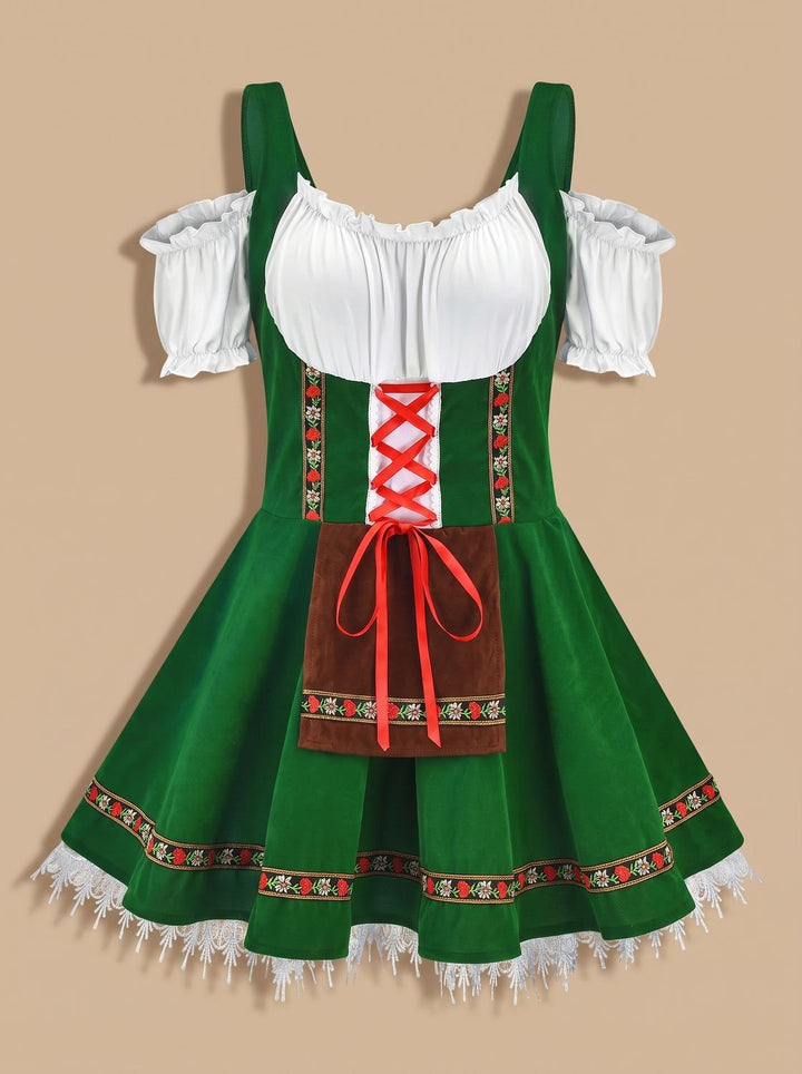 Damen Oktoberfest Kleid Trachtenkleid mit Schürze Cold-Shoulder - Grün