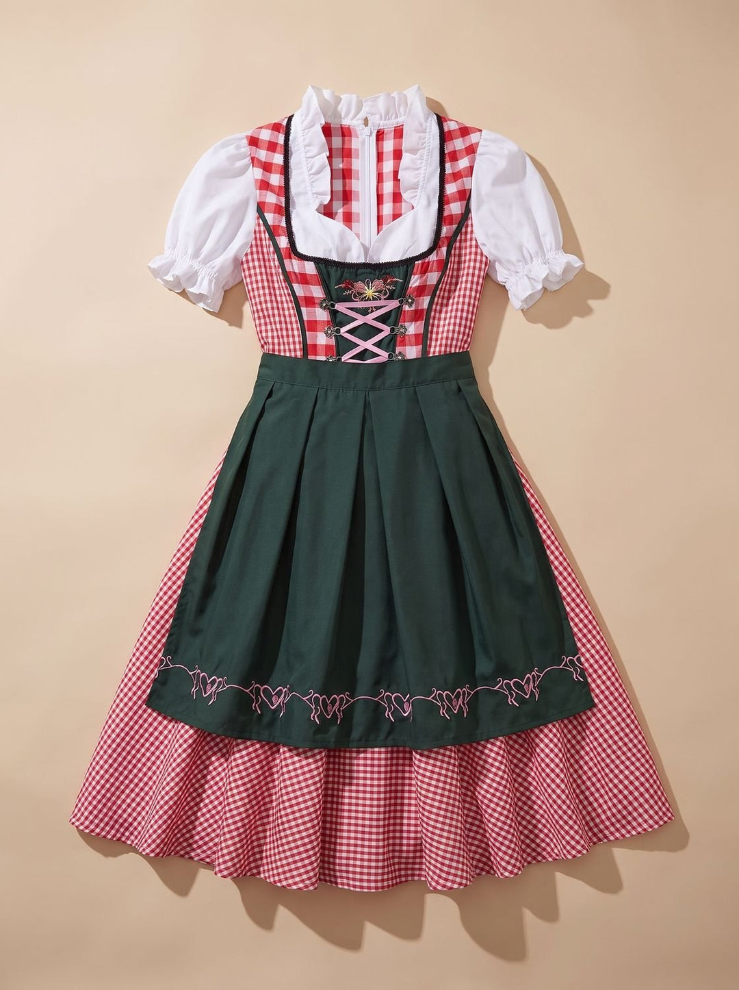Damen Oktoberfest Kleid Trachtenkleid mit Schürze Cold-Shoulder - Dunkelgrün
