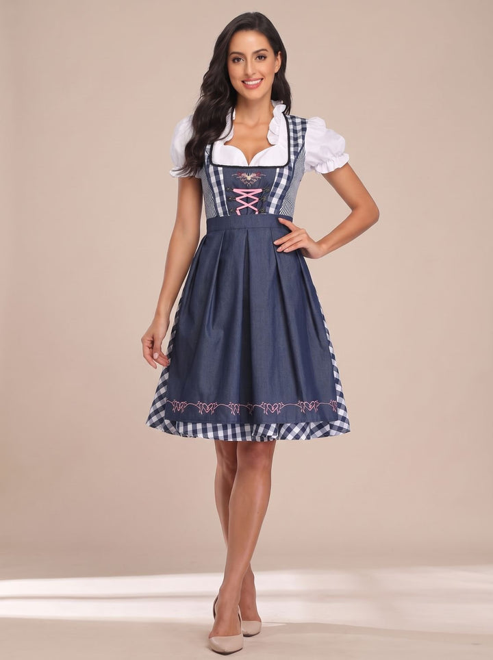 Damen Oktoberfest Kleid Trachtenkleid mit Schürze Cold-Shoulder - Dunkelblau