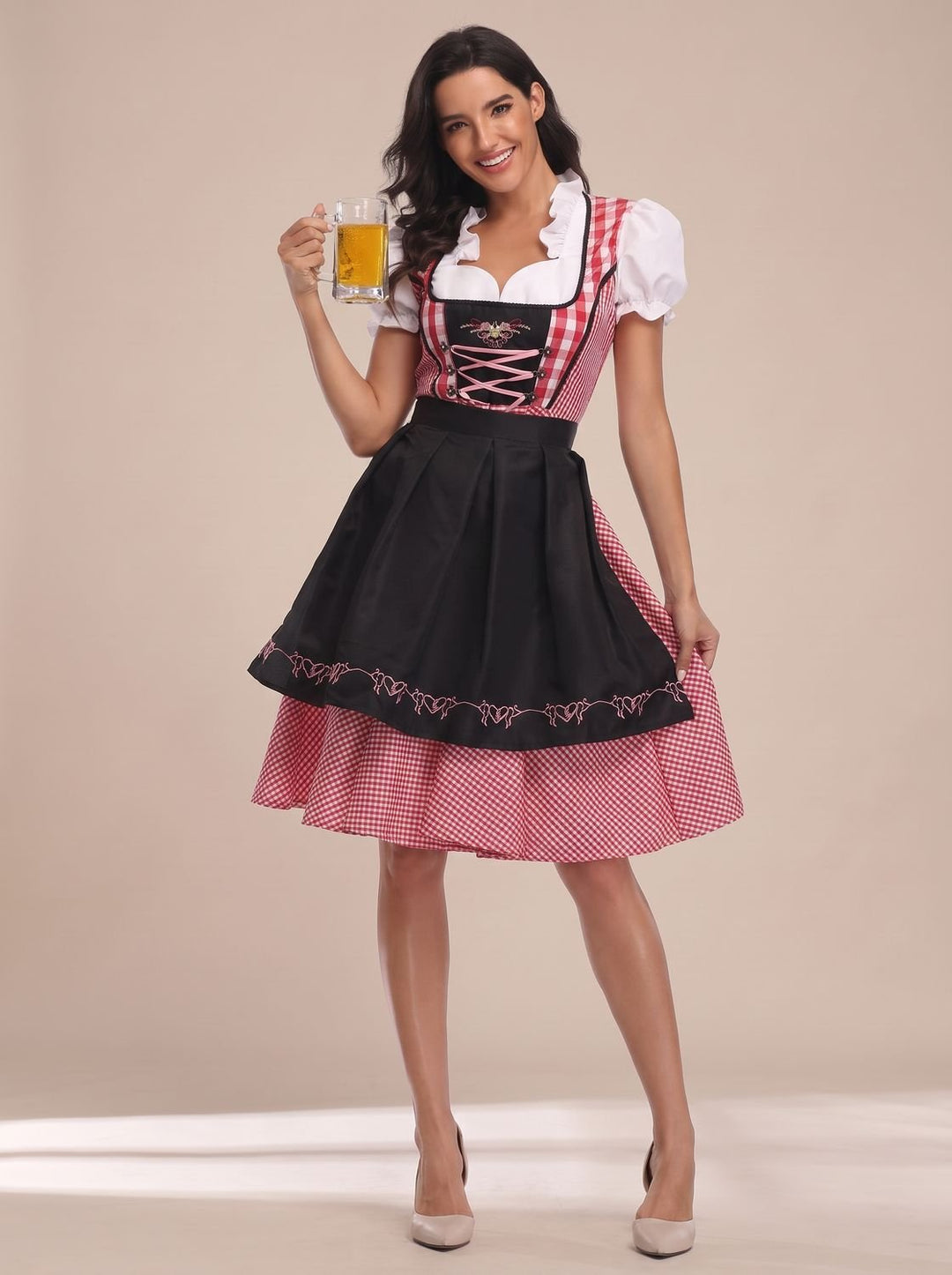 Damen Oktoberfest Kleid Trachtenkleid mit Schürze Cold-Shoulder - Schwarz