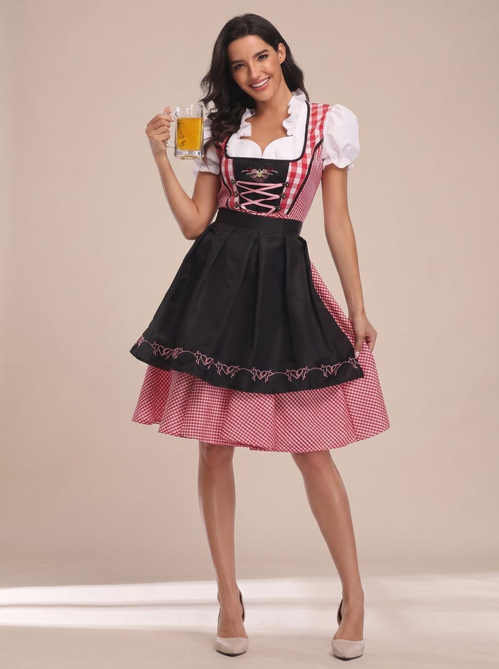 Damen Oktoberfest Kleid Trachtenkleid mit Schürze Cold-Shoulder - Schwarz