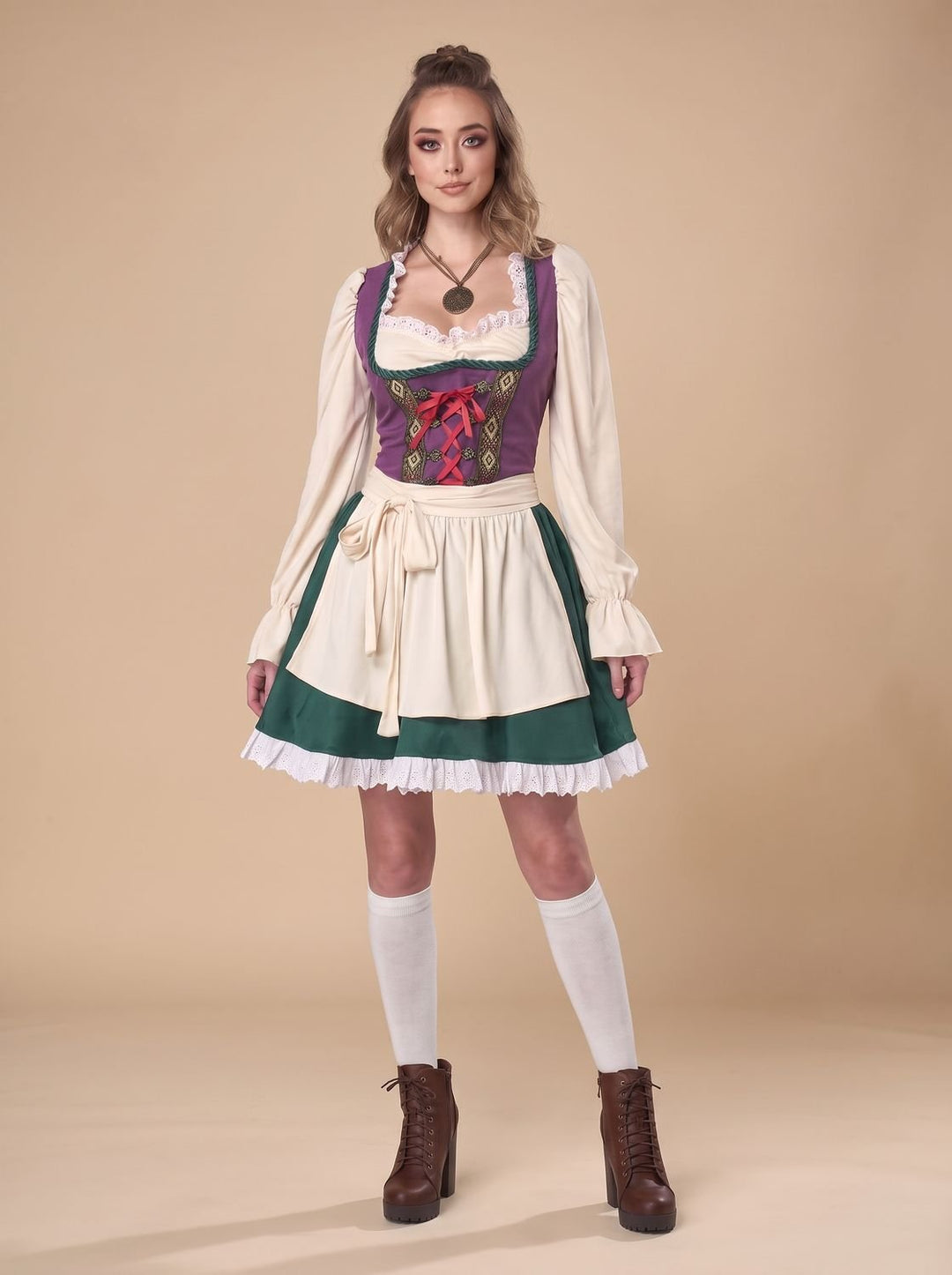 Damen Oktoberfest Trachtenkleid mit Schürze Kurzarm Dirndl Grün-Violett