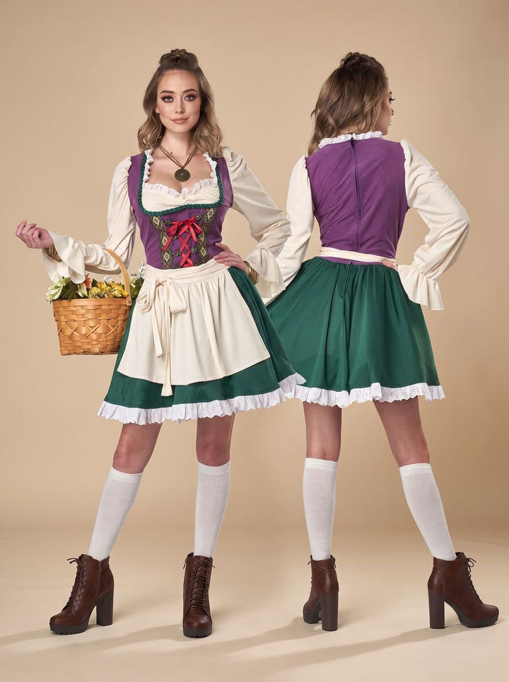 Damen Oktoberfest Trachtenkleid mit Schürze Kurzarm Dirndl Grün-Violett