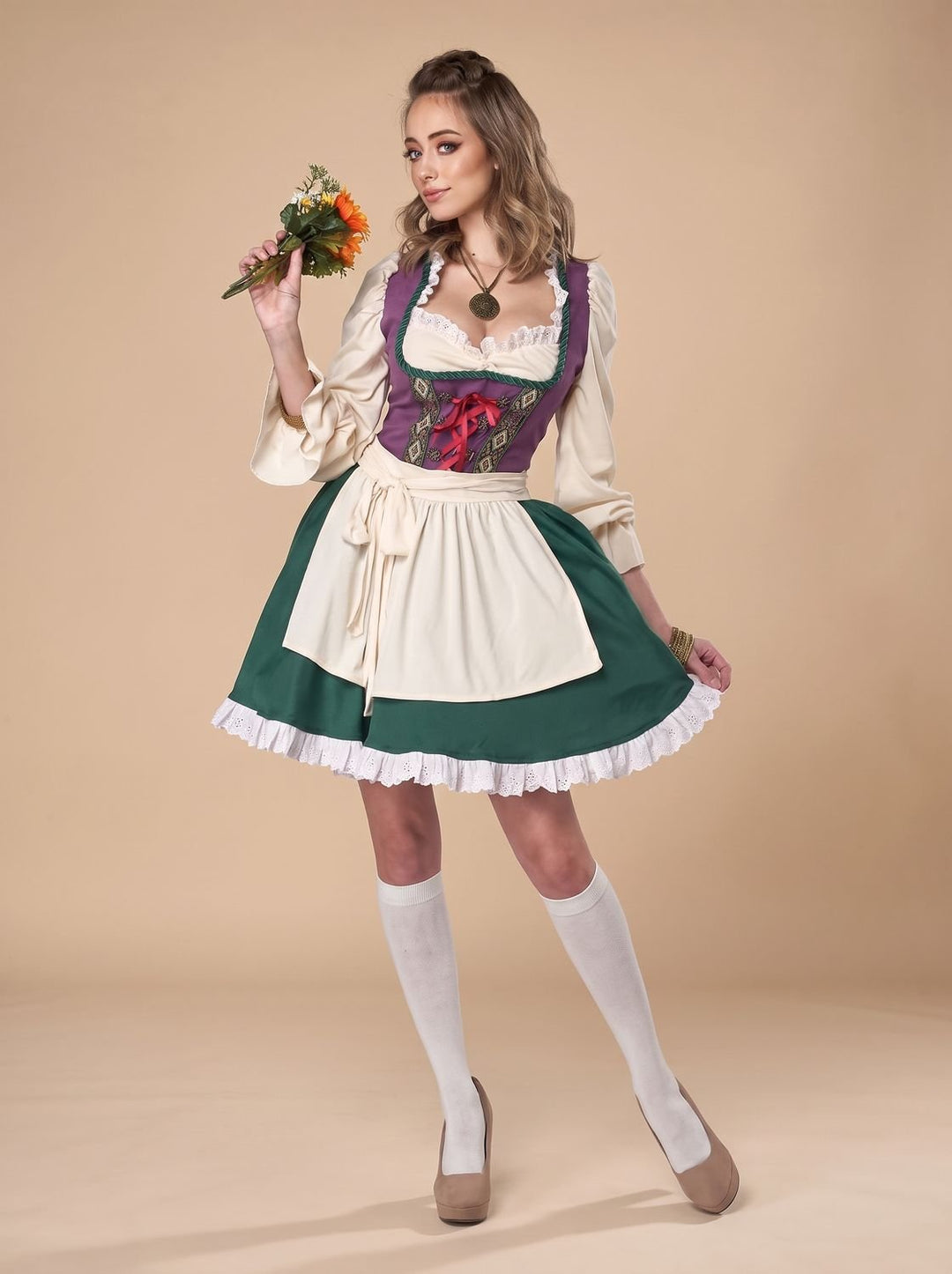 Damen Oktoberfest Trachtenkleid mit Schürze Kurzarm Dirndl Grün-Violett - Grün-Violett