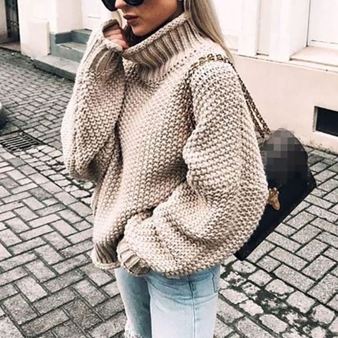 Damen Oversize Grobstrick-Rollkragenpullover für den Winter - Khaki