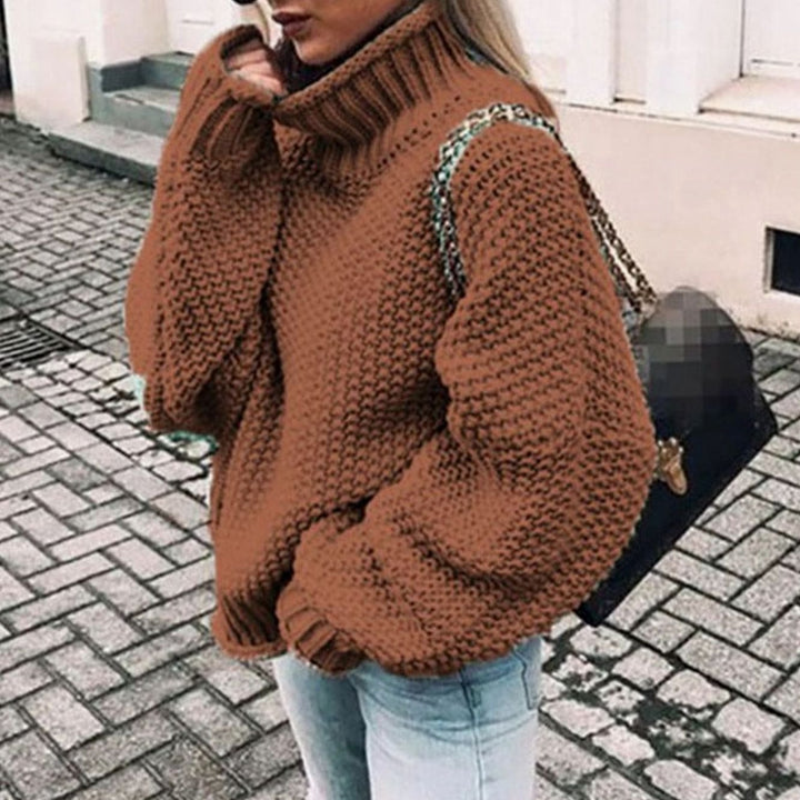 Damen Oversize Grobstrick-Rollkragenpullover für den Winter - Braun