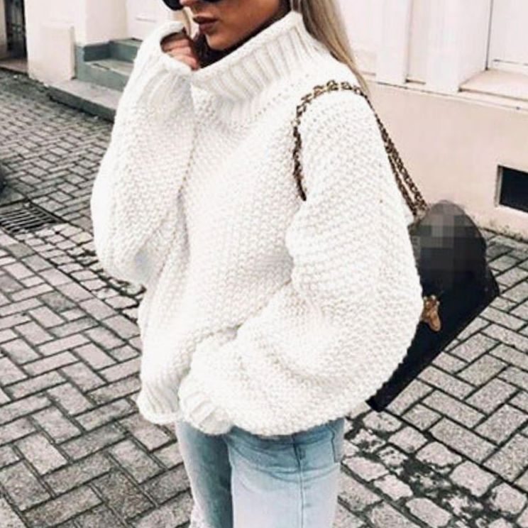 Damen Oversize Grobstrick-Rollkragenpullover für den Winter - Weiß