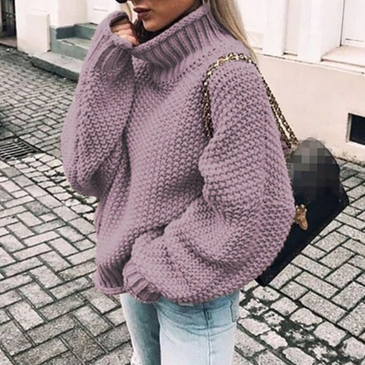 Damen Oversize Grobstrick-Rollkragenpullover für den Winter - Lila