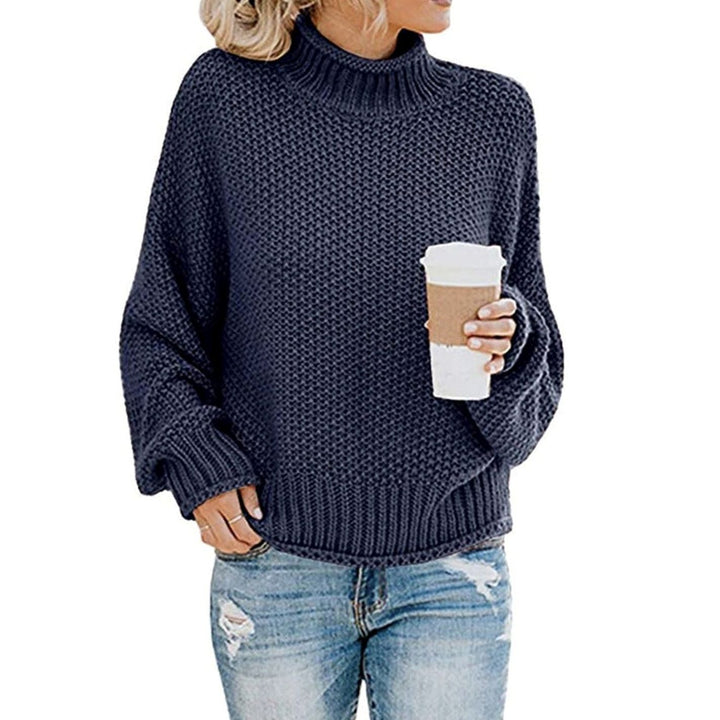 Damen Oversize Grobstrick-Rollkragenpullover für den Winter - Marineblau