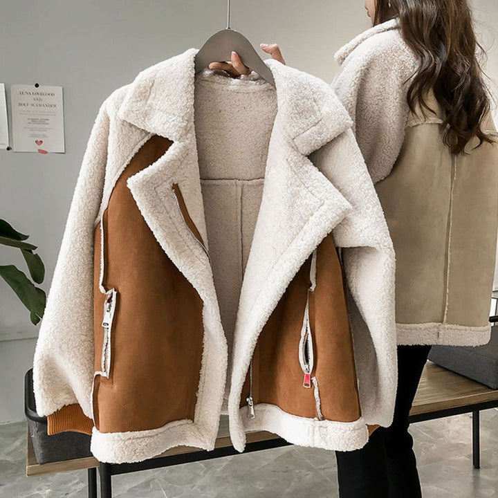 Damen Oversize Jacke aus Kunstlammfell mit Reißverschluss - Braun